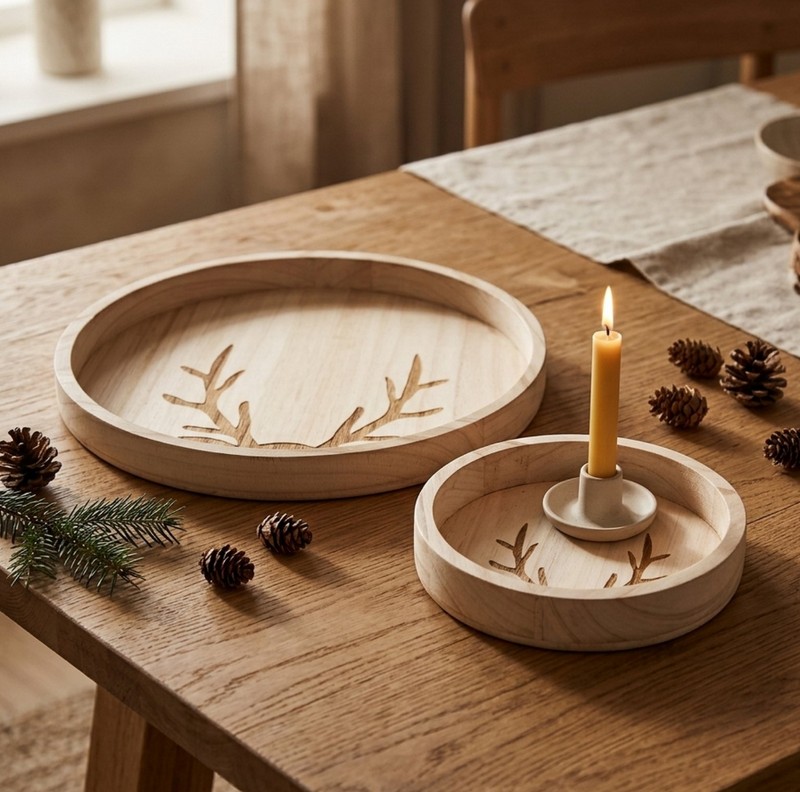 Vassoio in legno di paulonia decorato con cervo, utilizzabile come portaoggetti, svuotatasche o centrotavola, ideale come decoro autunnale